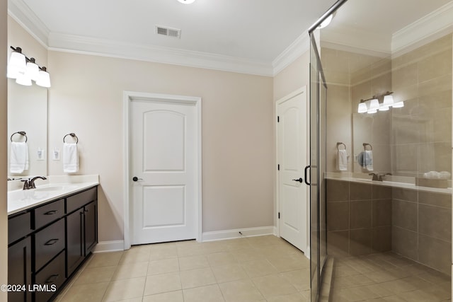 1034 Abbey Glen Way, Hardeeville, SC 29927 - bathroom featuring tile patterned floors, ornamental molding, a shower stall, and vanity
