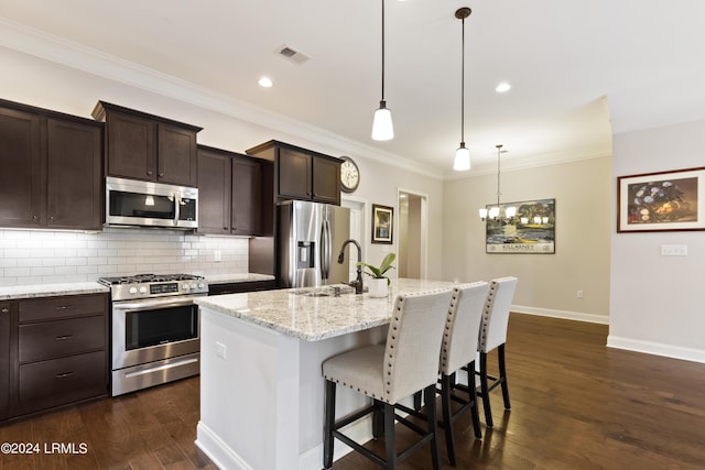 1034 Abbey Glen Way, Hardeeville, SC 29927 - kitchen with visible vents, tasteful backsplash, dark brown cabinets, dark wood-style floors, and stainless steel appliances