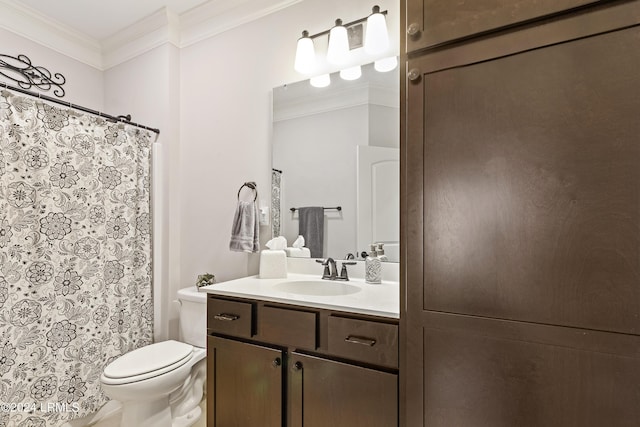 1034 Abbey Glen Way, Hardeeville, SC 29927 - bathroom featuring vanity, ornamental molding, curtained shower, and toilet