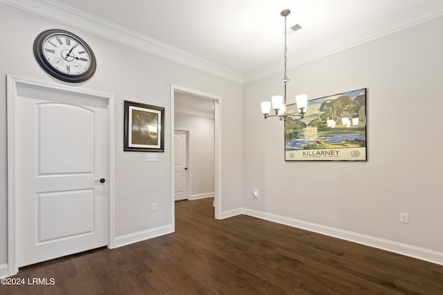 1034 Abbey Glen Way, Hardeeville, SC 29927 - unfurnished dining area with an inviting chandelier, baseboards, dark wood-type flooring, visible vents, and ornamental molding