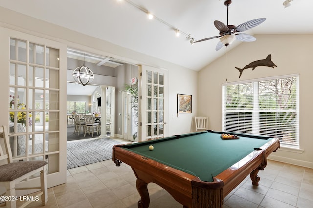 1034 Abbey Glen Way, Hardeeville, SC 29927 - game room featuring pool table, a ceiling fan, tile patterned floors, and lofted ceiling