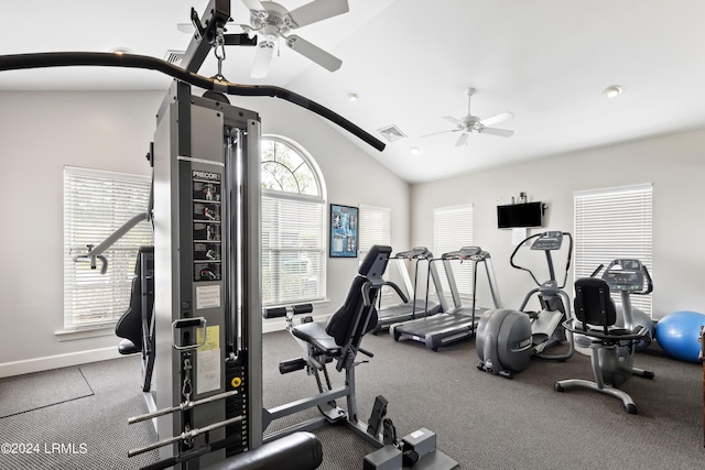 1034 Abbey Glen Way, Hardeeville, SC 29927 - workout area featuring visible vents, lofted ceiling, baseboards, ceiling fan, and carpet