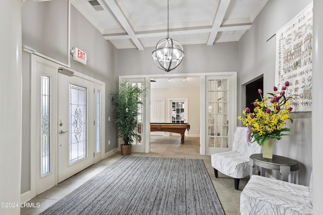 1034 Abbey Glen Way, Hardeeville, SC 29927 - foyer with tile patterned floors, a high ceiling, coffered ceiling, and visible vents