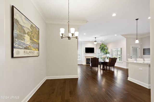 1034 Abbey Glen Way, Hardeeville, SC 29927 - dining space featuring dark wood finished floors, ceiling fan with notable chandelier, recessed lighting, baseboards, and ornamental molding