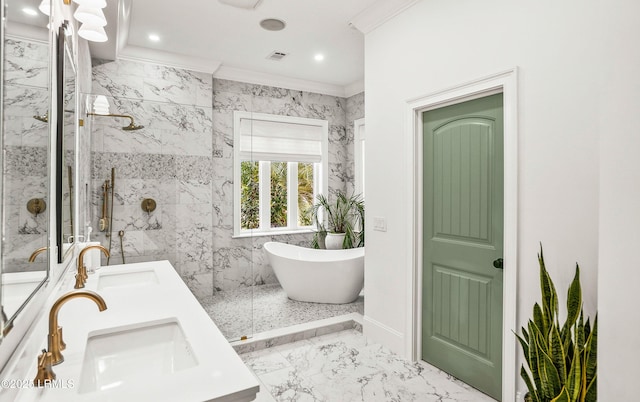 full bathroom with marble finish floor, ornamental molding, a sink, and a marble finish shower