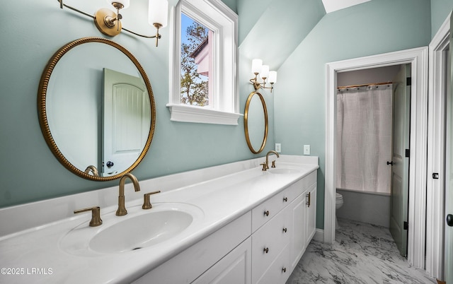 bathroom with toilet, marble finish floor, shower / tub combo, and a sink