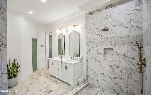 full bath featuring double vanity, ornamental molding, and a sink