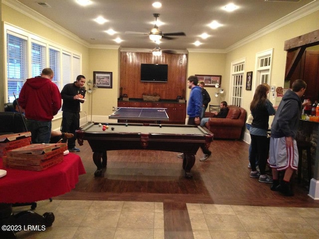 rec room with ceiling fan, pool table, and ornamental molding