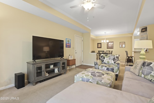 4924 Bluffton Pkwy Unit 18-202, Bluffton, SC 29910 - living area featuring a chandelier, ceiling fan, baseboards, carpet flooring, and ornamental molding