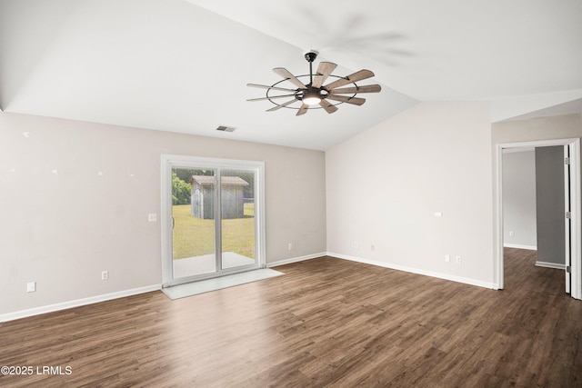 2718 Waddell Rd, Beaufort, SC 29902 - unfurnished living room featuring dark wood finished floors, a ceiling fan, baseboards, lofted ceiling, and visible vents