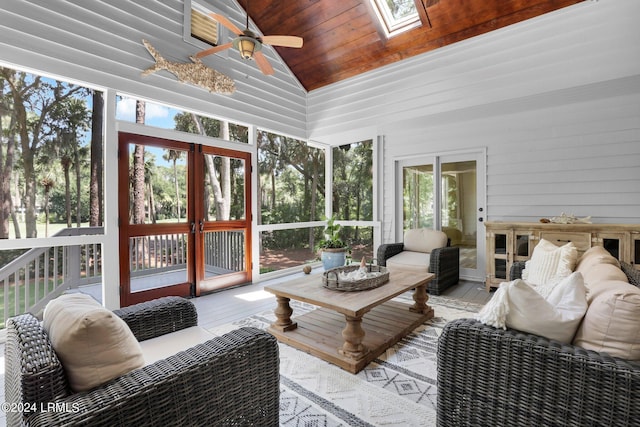 sunroom featuring ceiling fan, vaulted ceiling with skylight, and wood ceiling