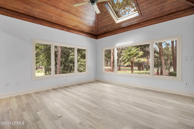 spare room with wooden ceiling, a skylight, high vaulted ceiling, and a wealth of natural light