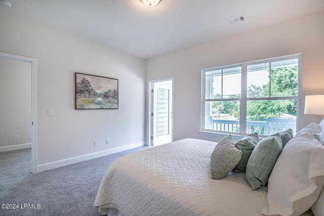 carpeted bedroom featuring multiple windows