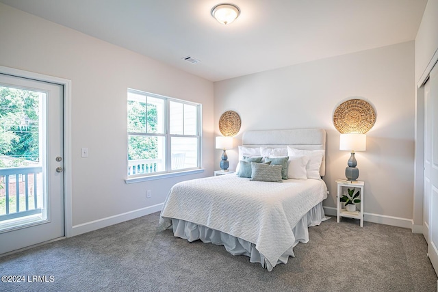 carpeted bedroom with multiple windows and access to outside