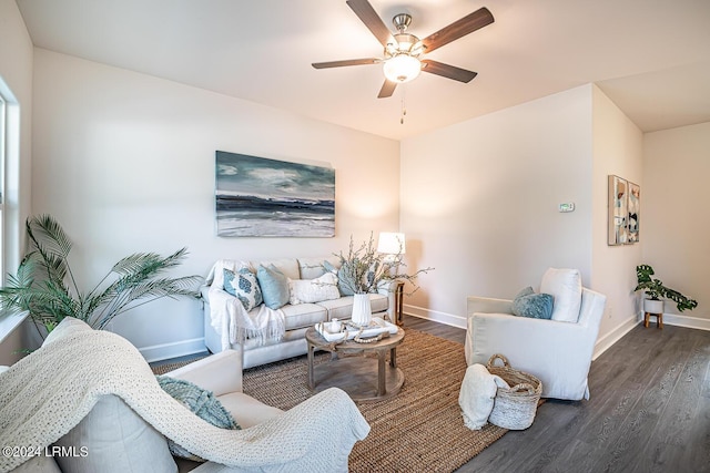 living room with ceiling fan and dark hardwood / wood-style flooring