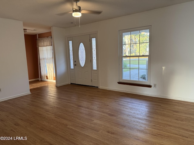 entryway featuring ceiling fan and dark hardwood / wood-style flooring