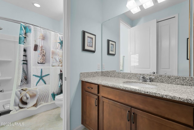 full bathroom with toilet, tile patterned floors, vanity, and shower / bathtub combination with curtain