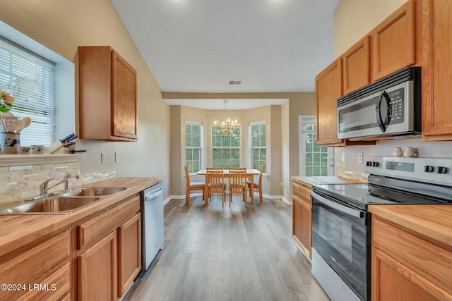 kitchen with sink, hanging light fixtures, stainless steel appliances, wood counters, and light wood-type flooring