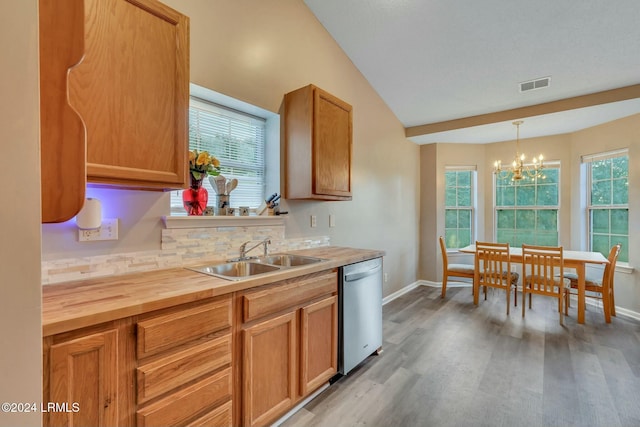 kitchen featuring sink, stainless steel dishwasher, pendant lighting, light hardwood / wood-style floors, and decorative backsplash