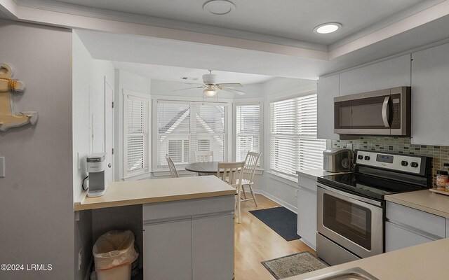 kitchen featuring ceiling fan, stainless steel appliances, tasteful backsplash, a tray ceiling, and light wood-type flooring