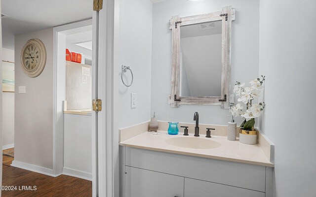 bathroom with vanity and wood-type flooring