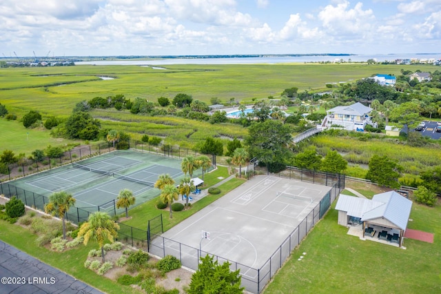 aerial view featuring a water view