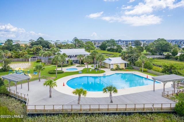 view of pool featuring a pergola and a patio area