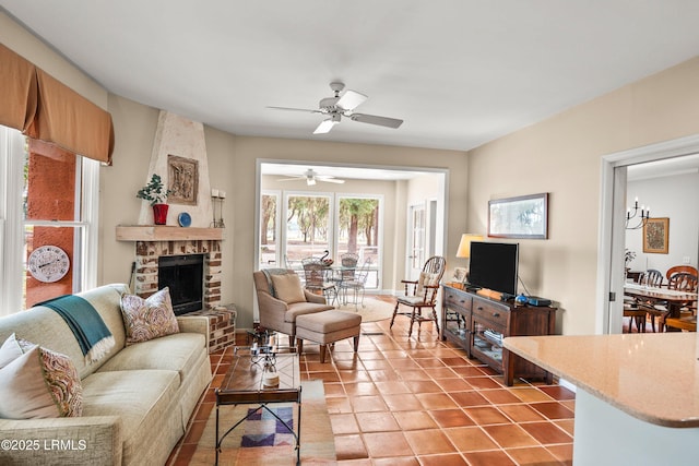207 Odingsell Ct, Saint Helena Island, SC 29920 - living room with a ceiling fan, light tile patterned flooring, and a fireplace