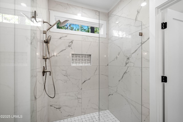 full bath with a marble finish shower