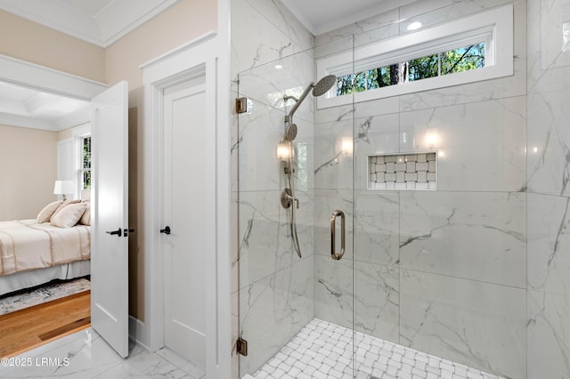 bathroom featuring connected bathroom, ornamental molding, a marble finish shower, and marble finish floor