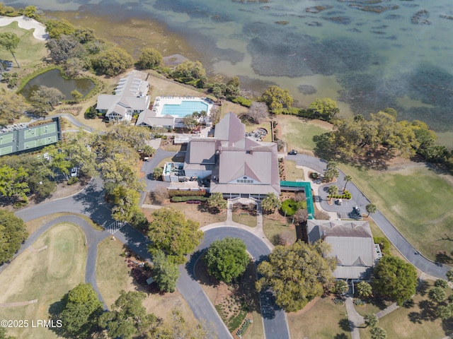 drone / aerial view with a water view