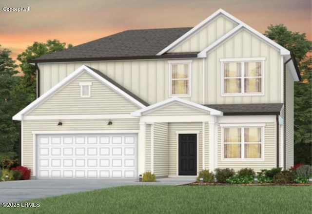 1122 Salty Hammock Ct, Beaufort, SC 29902 - view of front facade featuring board and batten siding, concrete driveway, a shingled roof, and a front lawn