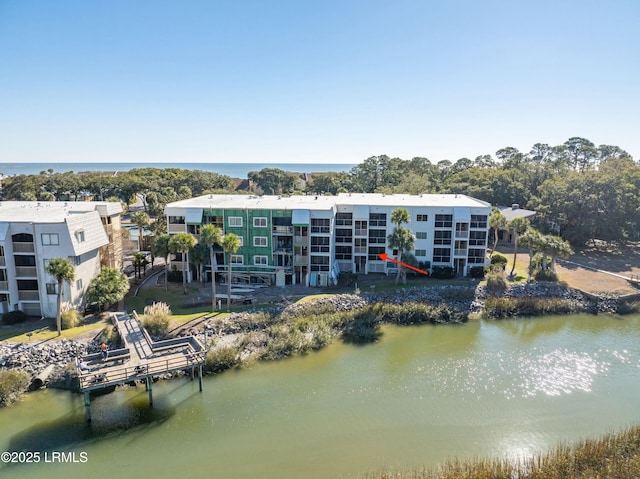 drone / aerial view with a water view