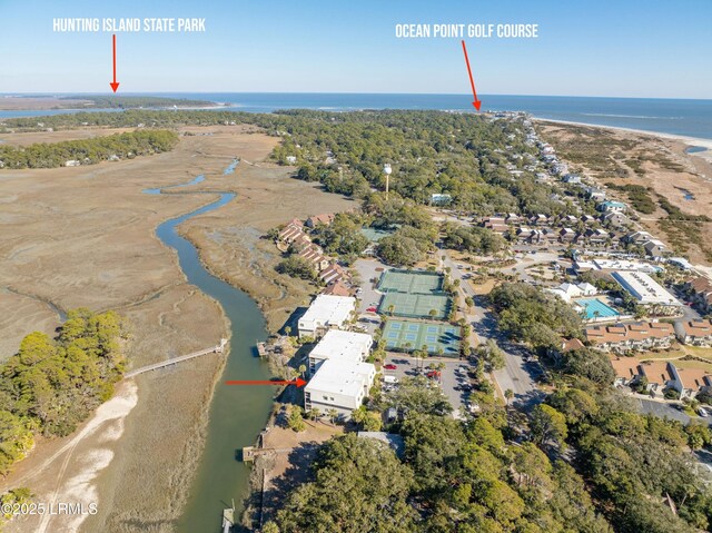 aerial view featuring a water view