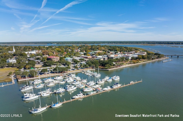 drone / aerial view with a water view