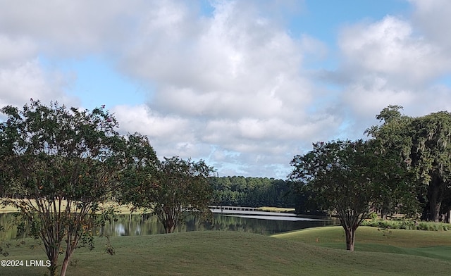 view of community with a water view and a lawn