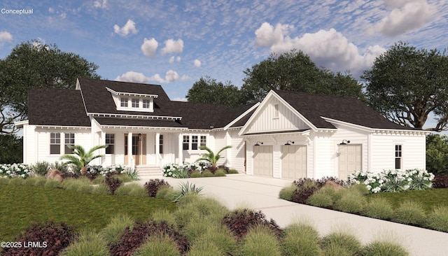 view of front facade with a garage, driveway, and board and batten siding