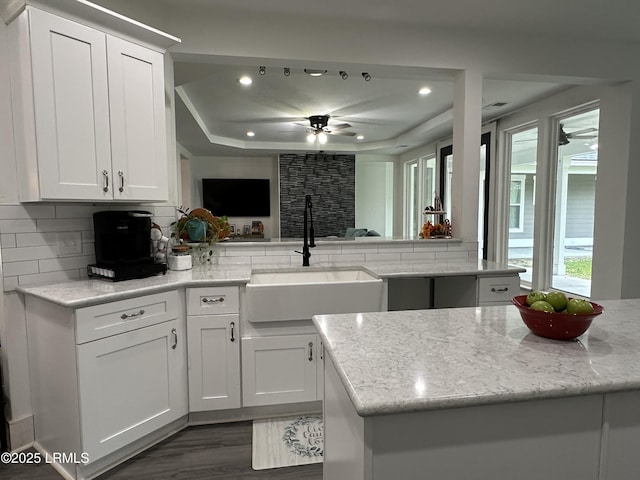 kitchen featuring white cabinets, a sink, backsplash, and light stone countertops