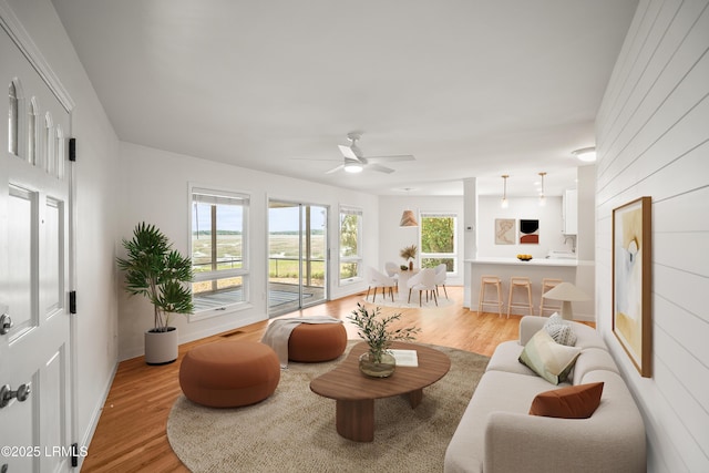 1203 Laudonniere St, Beaufort, SC 29902 - living room featuring light wood-type flooring, ceiling fan, and wood walls