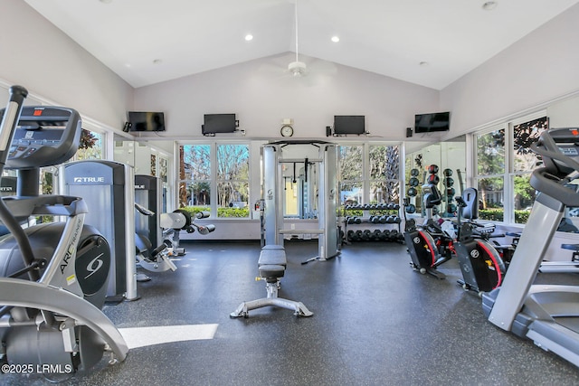 gym featuring high vaulted ceiling