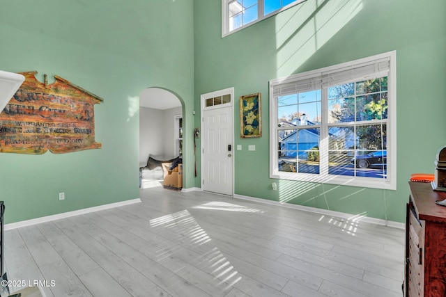 foyer entrance featuring a high ceiling and light hardwood / wood-style floors