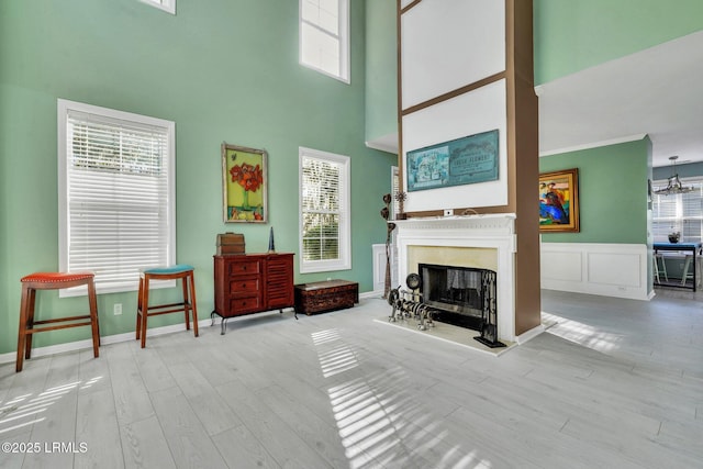 living area with a towering ceiling and light wood-type flooring