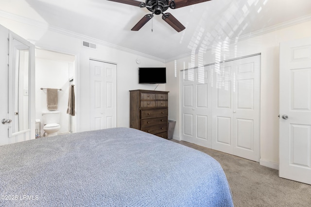 carpeted bedroom featuring ensuite bathroom, ceiling fan, visible vents, multiple closets, and crown molding