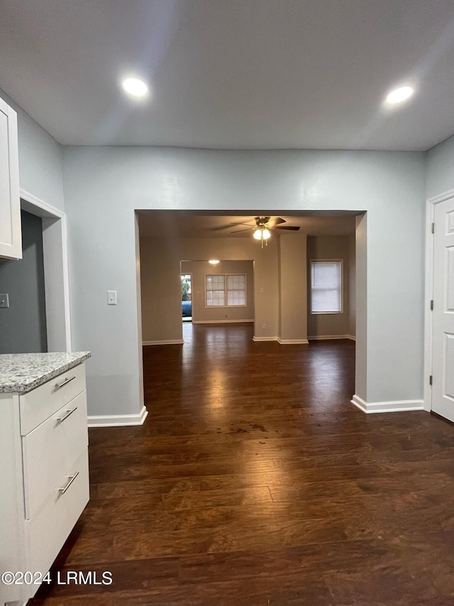 interior space featuring dark wood-type flooring and ceiling fan