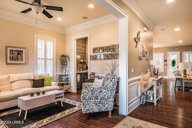 15 Carter Oaks Dr, Beaufort, SC 29907 - living room with dark hardwood / wood-style flooring, crown molding, and ceiling fan