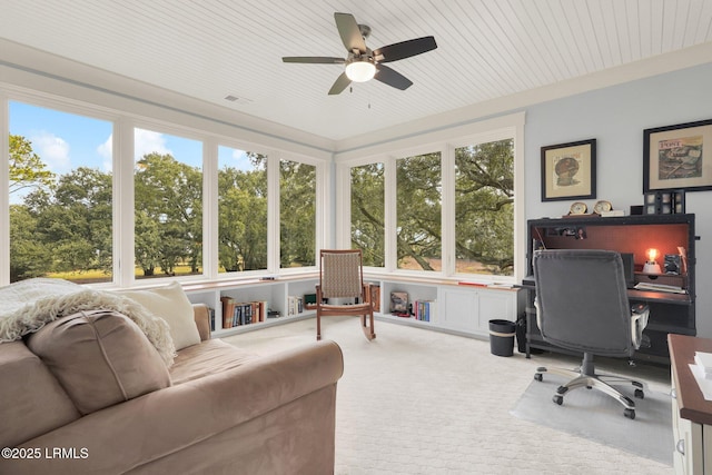 home office featuring ceiling fan and carpet flooring