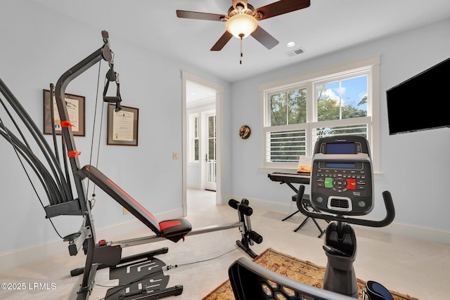 workout room with ceiling fan