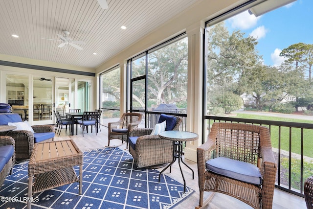 sunroom featuring wood ceiling and ceiling fan