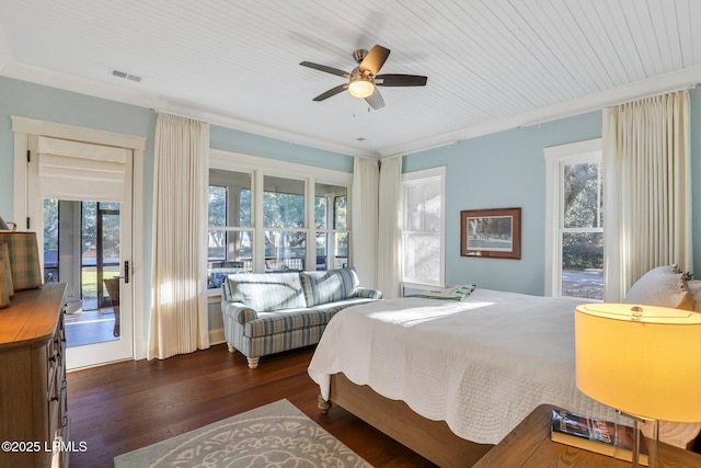 bedroom featuring access to exterior, wood ceiling, dark hardwood / wood-style floors, and ceiling fan