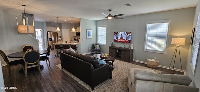 2708 Satilla Blvd, Beaufort, SC 29902 - living room featuring baseboards, dark wood-style floors, a ceiling fan, and recessed lighting